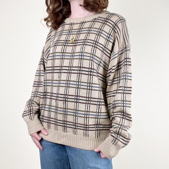 Vintage 100% Wool Plaid Knit Sweater Oversized Slouchy Loose Relaxed Fit Grandpa - Picture 7 of 7